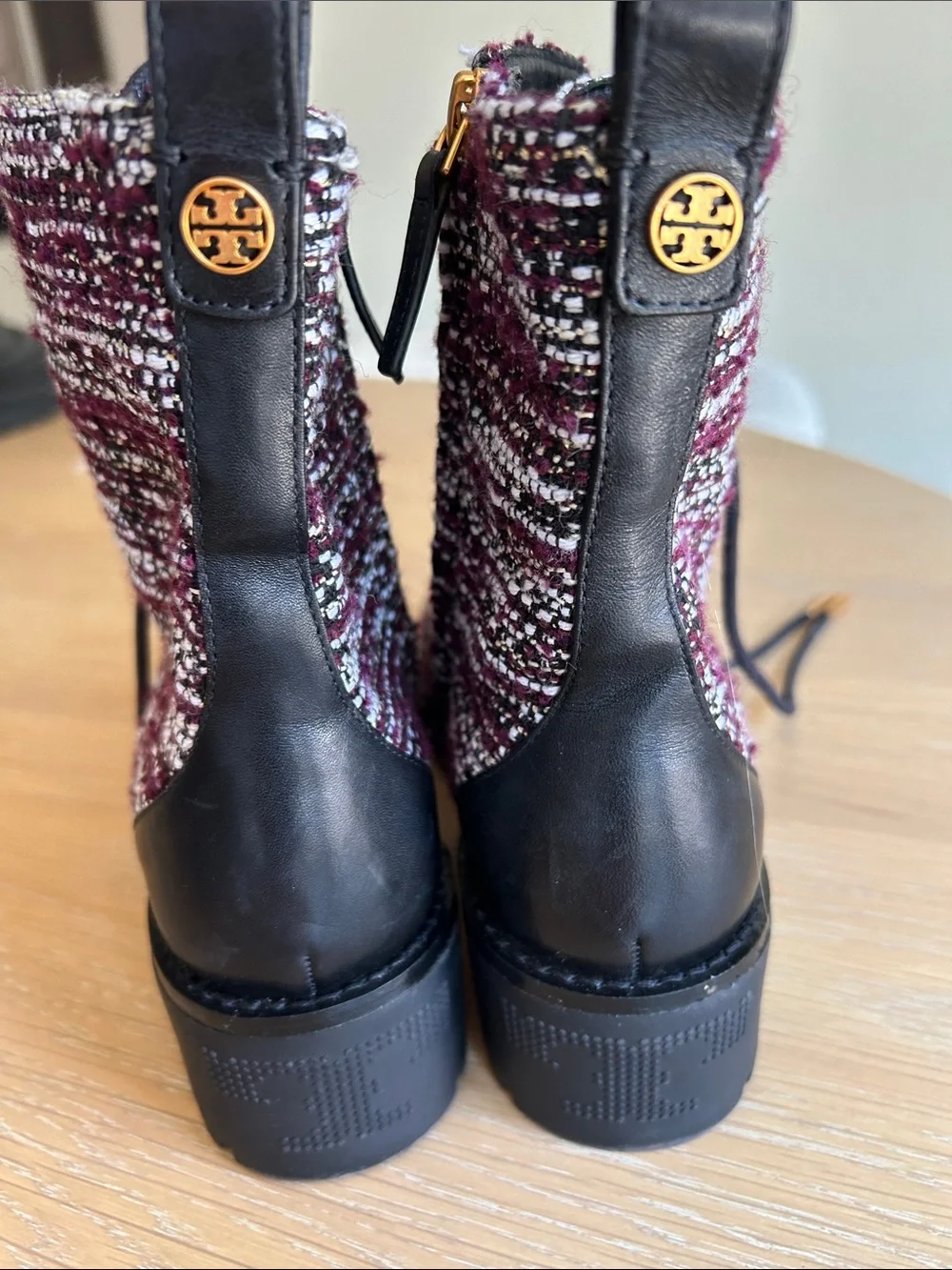 Tory Burch Miller Combat Tweed & Leather Lace Up Booties Burgundy/White 7.5 NWOT